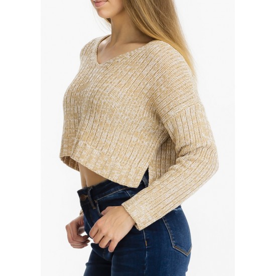TWO TONE V NECK CROPPED SWEATER